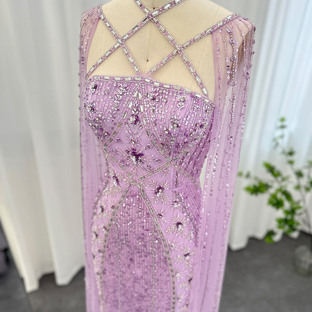 Abito da Sera di lusso Aqua Lilac con Maniche a Mantella Incrociate Stile Sirena Araba a Coda di Rondine per Matrimoni e Feste di Nozze delle Donne a Dubai