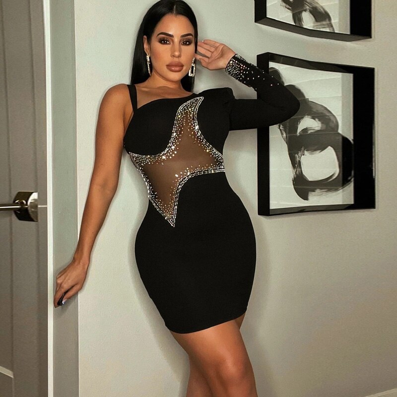 Mini abiti scintillanti con strass a spalla singola glam abito da sera in cristallo patchwork da donna in rete Abiti da discoteca - Bridetobe.it