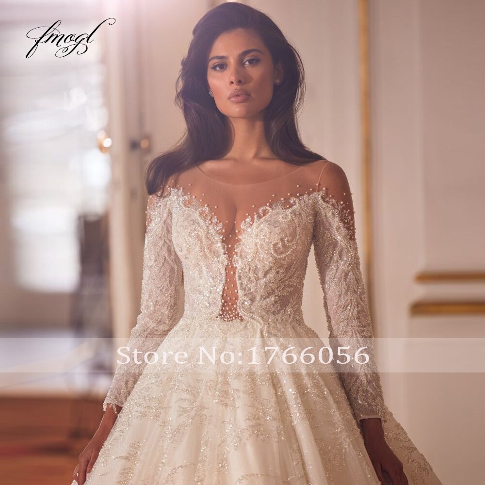 Esclusivo Abito da Sposa da Principessa 2024 Gonna da Ballo di Lusso con Maniche Lunghe e Ricami in Pizzo