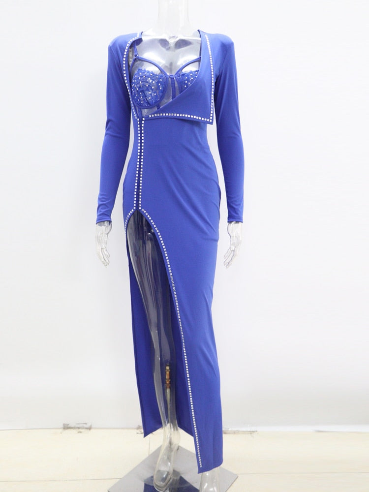 Abito da sera sexy con strass impreziosito da body Set elegante abito da donna in due pezzi con spacco alto aderente da discoteca - Bridetobe.it