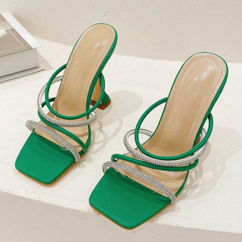 Pantofole strane con tacchi alti da donna sexy in cristallo a fascia stretta, sandali estivi da donna con punta quadrata - Bridetobe.it