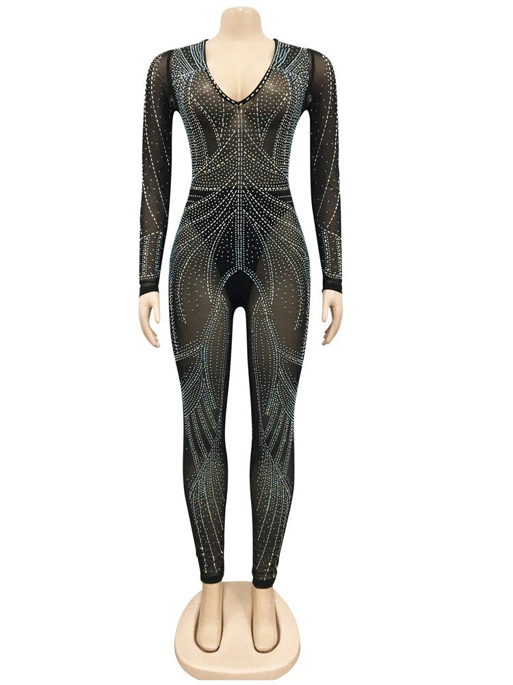 Tute trasparenti con scollo a V in strass argento scintillante Abiti da discoteca con pagliaccetto in cristallo a maniche lunghe con glitter - Bridetobe.it