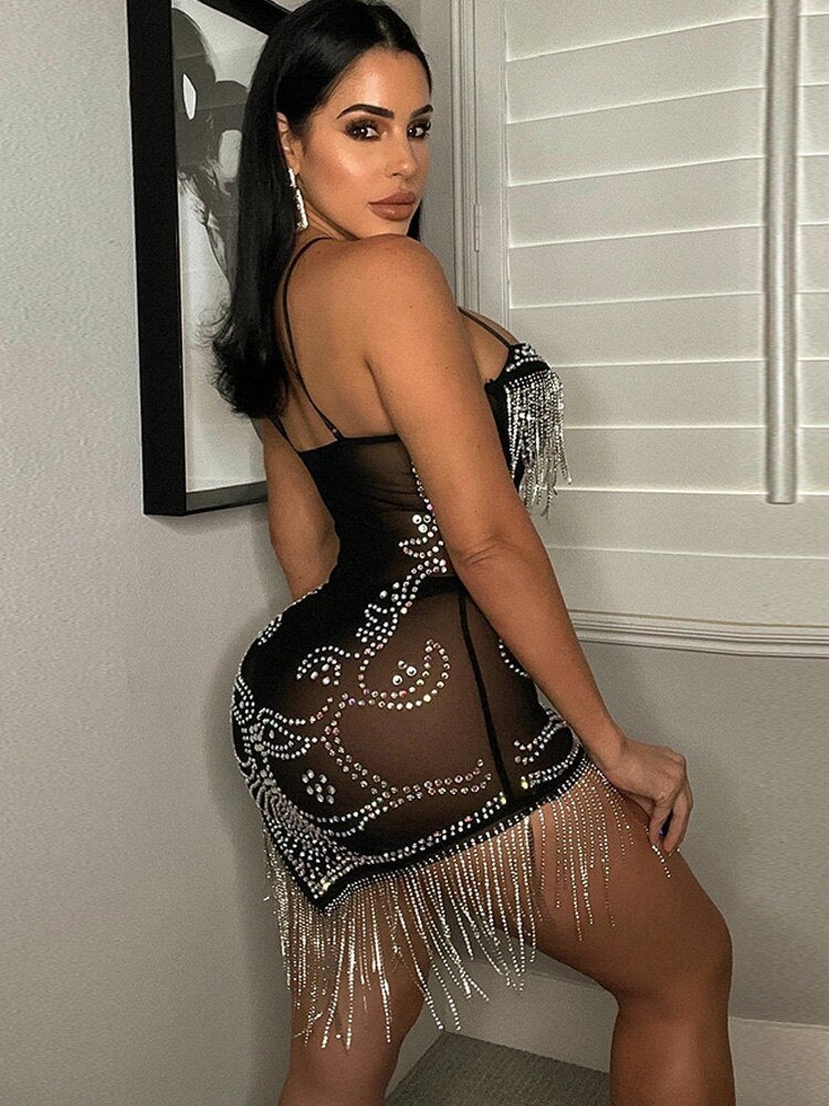 Abito da festa corto con frange di strass a rete trasparente scintillante Abito da discoteca con paillettes glamour da donna estivo Abiti da compleanno - Bridetobe.it