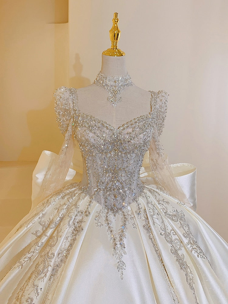 Plus Size Satin Square Collar Lace Detail Wedding Dress - Custom Made Luxury Full Skirt Floor Length or Train Bridal Gown
