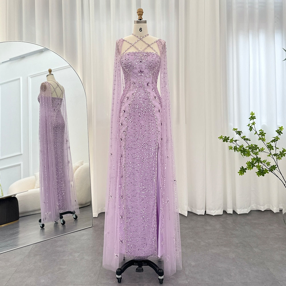 Abito da Sera di lusso Aqua Lilac con Maniche a Mantella Incrociate Stile Sirena Araba a Coda di Rondine per Matrimoni e Feste di Nozze delle Donne a Dubai