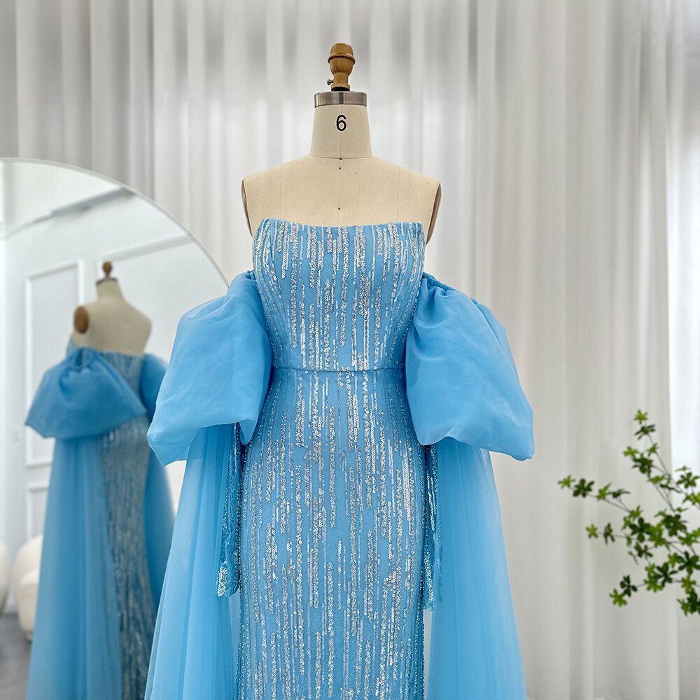 Lussuoso Abito da Sera Blu Sirena con Maniche a Palloncino e Senza Spalline, Gonna Formale Araba per Donne Matrimonio Festa