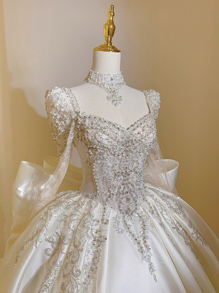 Plus Size Satin Square Collar Lace Detail Wedding Dress - Custom Made Luxury Full Skirt Floor Length or Train Bridal Gown