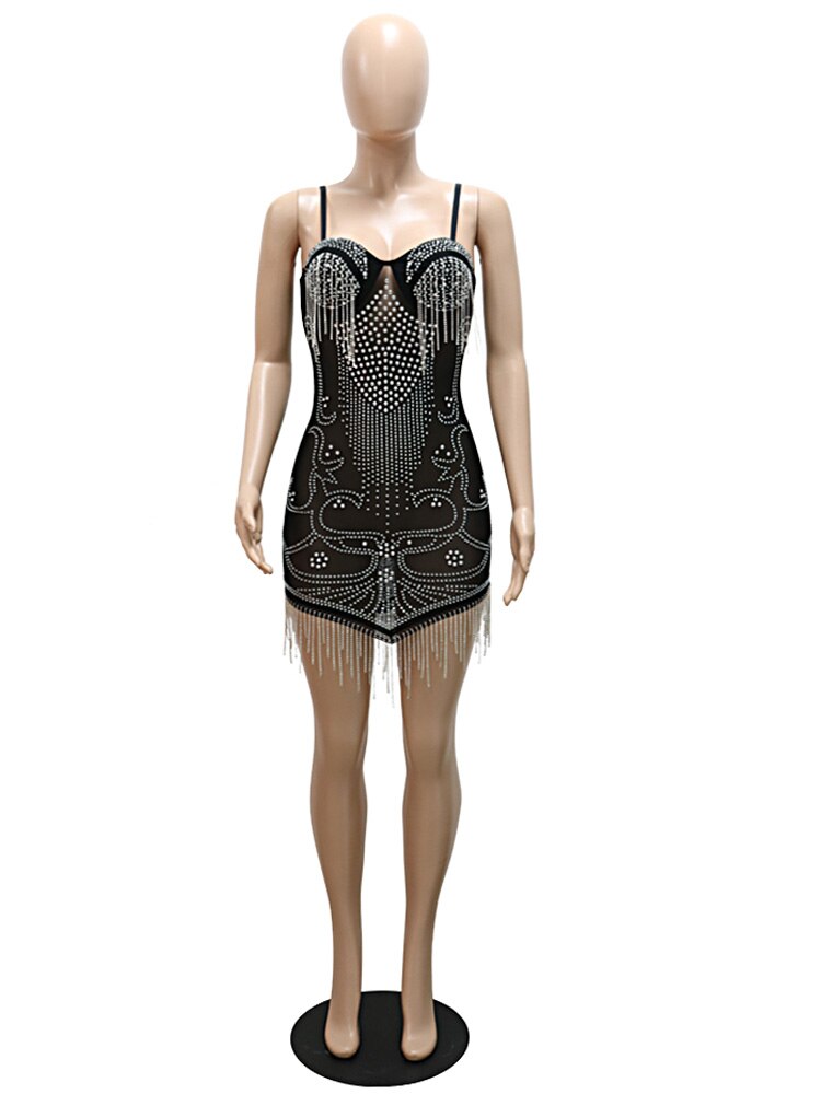 Abito da festa corto con frange di strass a rete trasparente scintillante Abito da discoteca con paillettes glamour da donna estivo Abiti da compleanno - Bridetobe.it