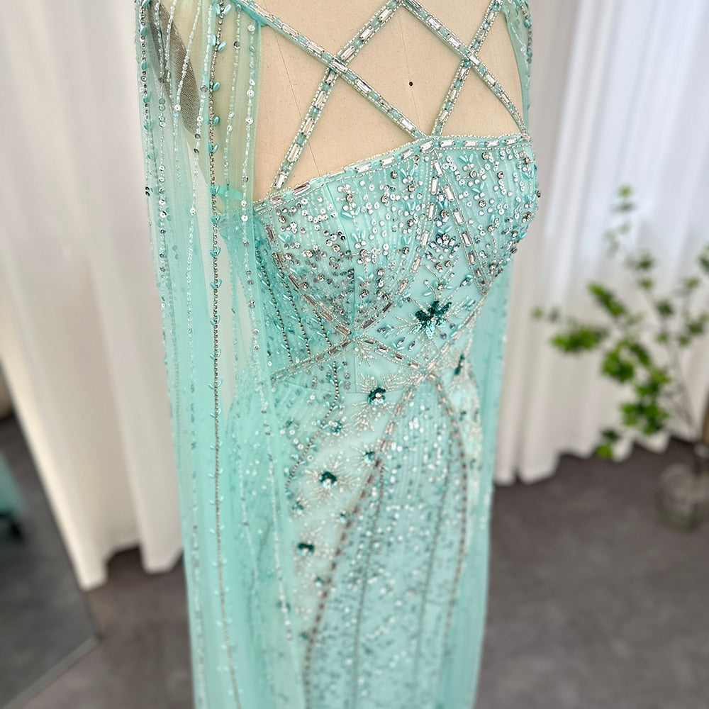 Abito da Sera di lusso Aqua Lilac con Maniche a Mantella Incrociate Stile Sirena Araba a Coda di Rondine per Matrimoni e Feste di Nozze delle Donne a Dubai