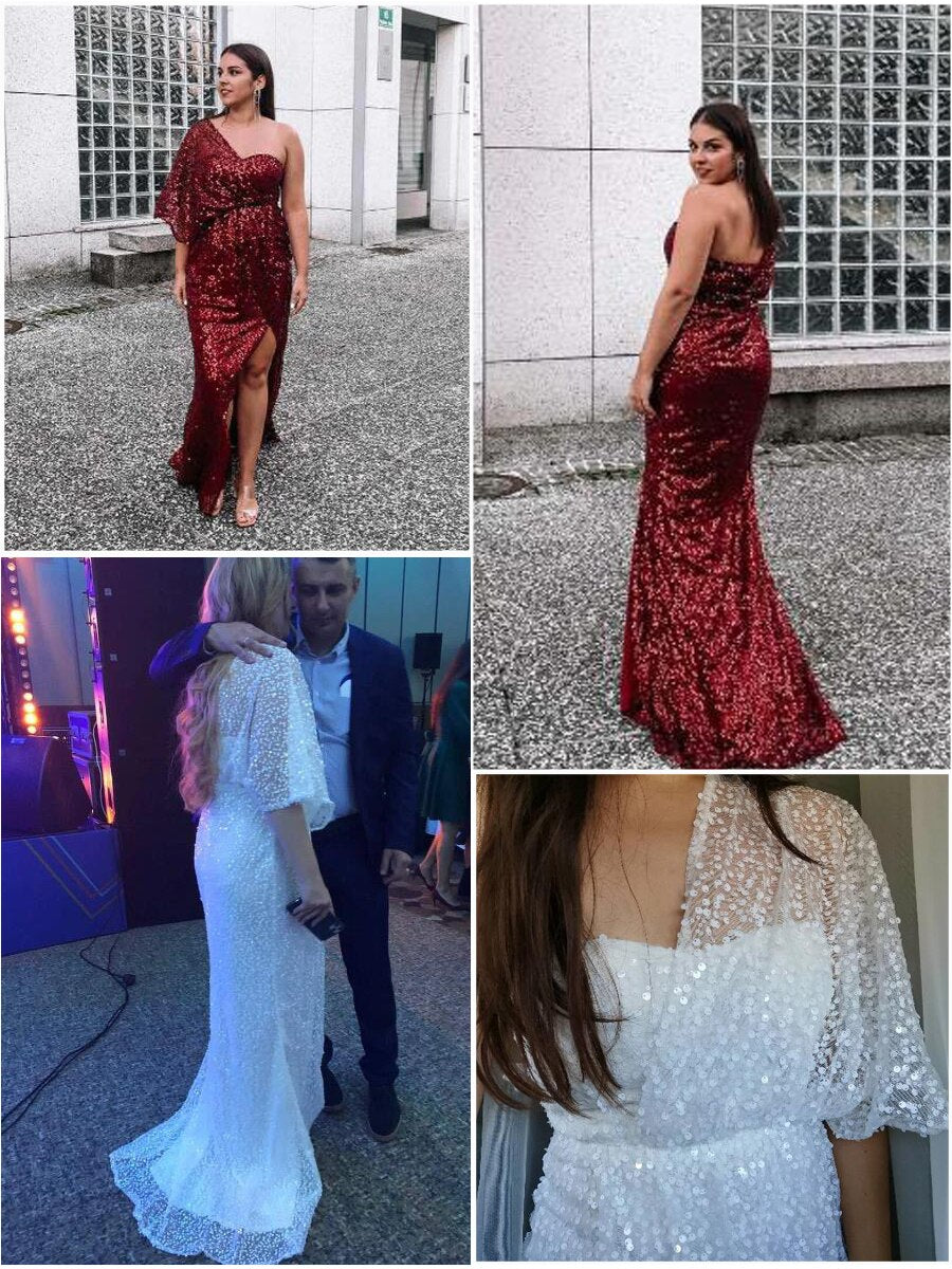 Vestito da sera da sera con paillettes monospalla manica lunga maxi abiti da donna sexy con spacco alto nero solido - Bridetobe.it