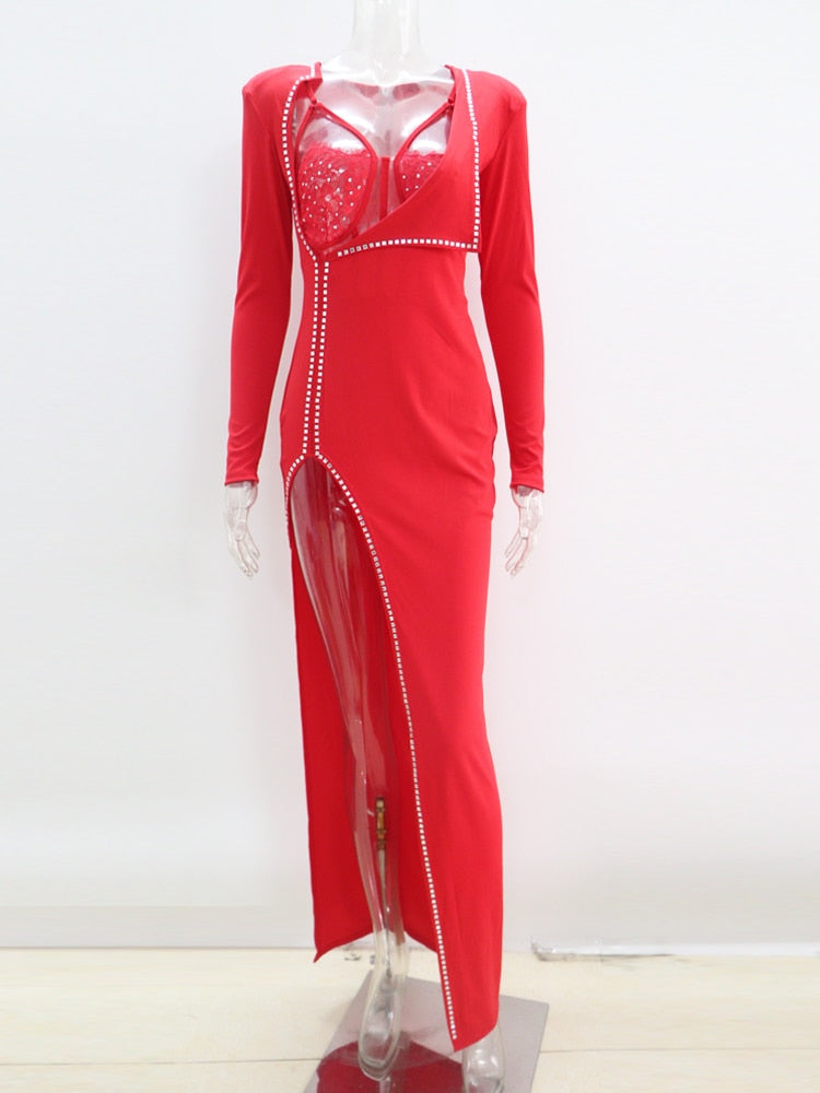 Abito da sera sexy con strass impreziosito da body Set elegante abito da donna in due pezzi con spacco alto aderente da discoteca - Bridetobe.it