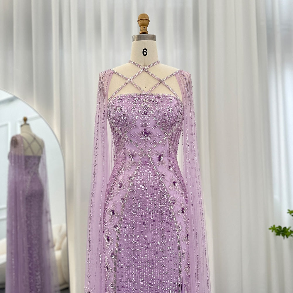 Abito da Sera di lusso Aqua Lilac con Maniche a Mantella Incrociate Stile Sirena Araba a Coda di Rondine per Matrimoni e Feste di Nozze delle Donne a Dubai