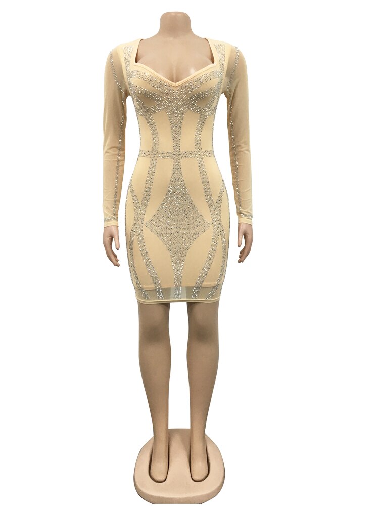 Mini vestito elegante attillato in maglia trasparente con strass sexy, mini abito skinny da discoteca da donna a maniche lunghe in cristallo - Bridetobe.it