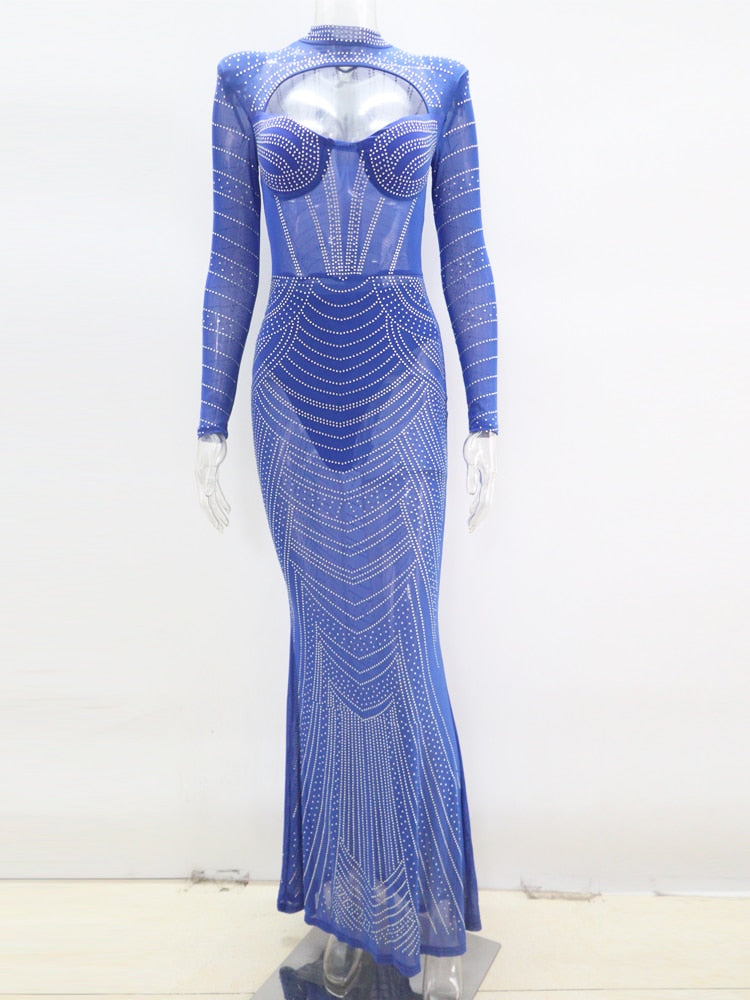 Abito lungo trasparente con strass in maglia di cristallo con strass sexy. Abito lungo da indossare in discoteca con maniche lunghe da donna - Bridetobe.it