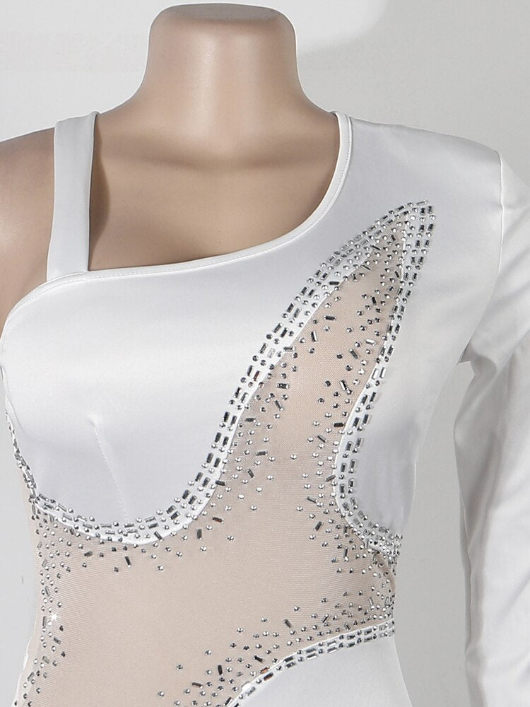 Mini abiti scintillanti con strass a spalla singola glam abito da sera in cristallo patchwork da donna in rete Abiti da discoteca - Bridetobe.it