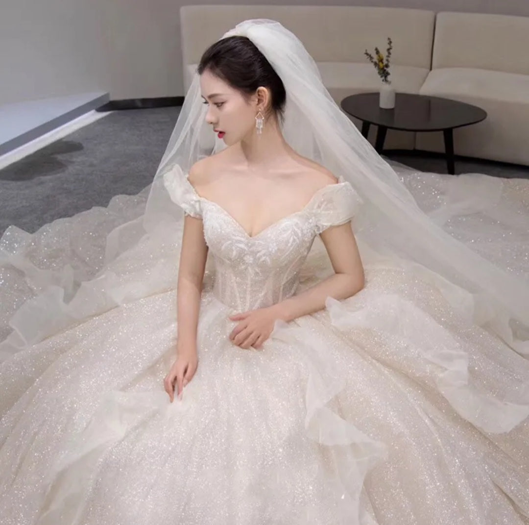 Abito da sposa taglia comoda in pizzo 2023 con maniche, lussuoso treno, colore brillante francese, scollatura a barchetta