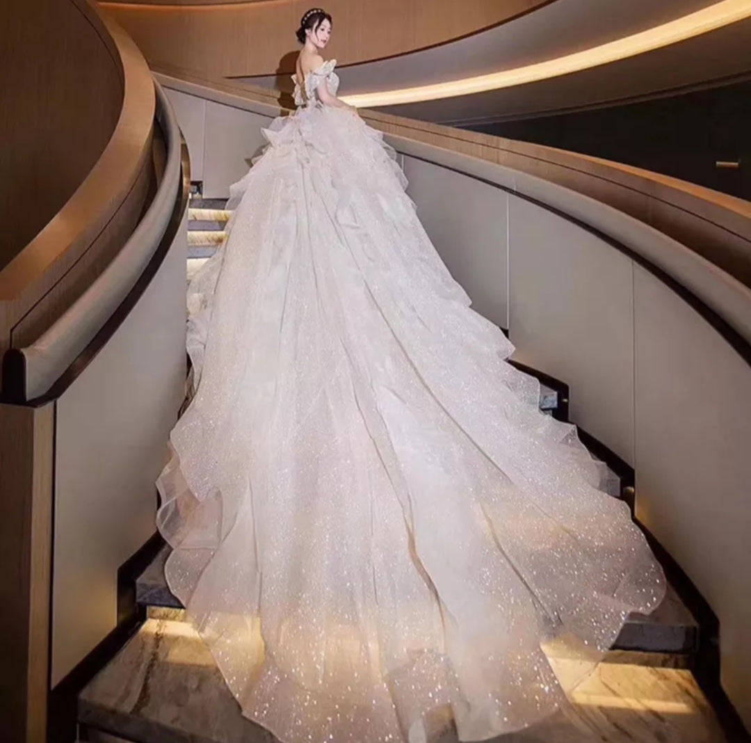 Abito da sposa taglia comoda in pizzo 2023 con maniche, lussuoso treno, colore brillante francese, scollatura a barchetta