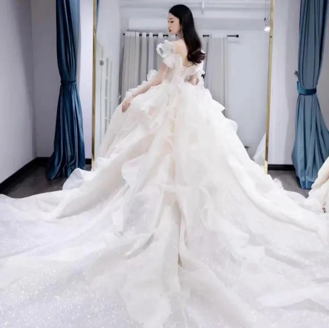 Abito da sposa taglia comoda in pizzo 2023 con maniche, lussuoso treno, colore brillante francese, scollatura a barchetta