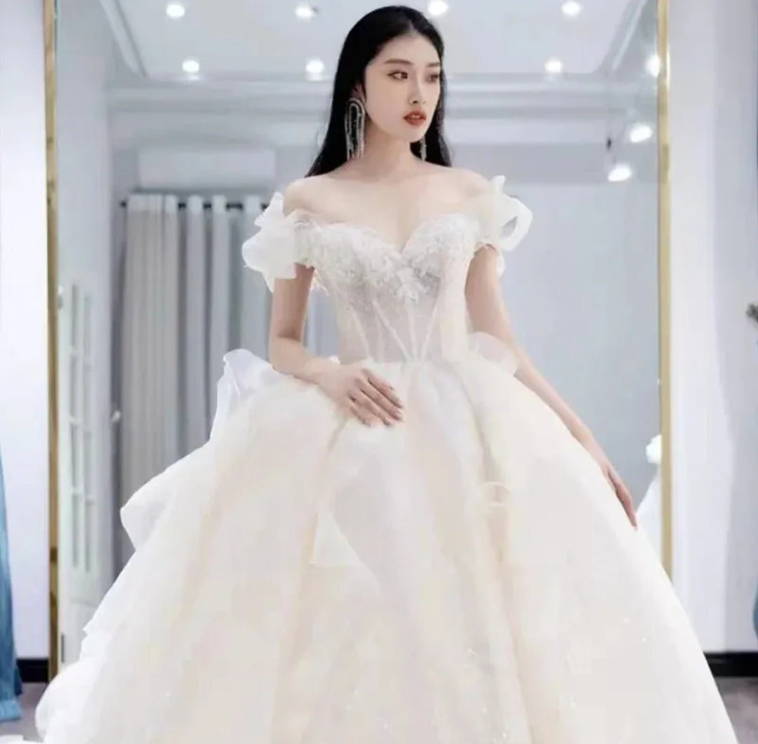 Abito da sposa taglia comoda in pizzo 2023 con maniche, lussuoso treno, colore brillante francese, scollatura a barchetta