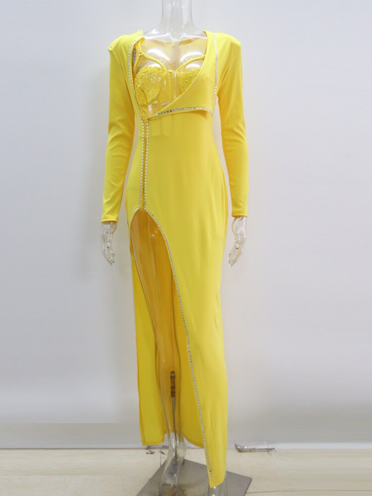 Abito da sera sexy con strass impreziosito da body Set elegante abito da donna in due pezzi con spacco alto aderente da discoteca - Bridetobe.it