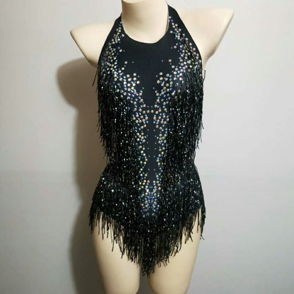 Tuta con nappa scintillante Costume da esibizione con strass da donna Costume intero da ballo Abito da cantante in scena leopardata - Bridetobe.it