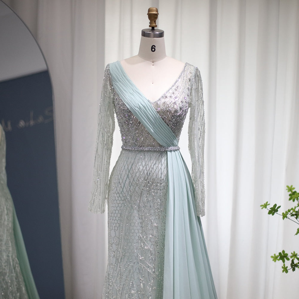 Elegante Abito da Sera Sirena Aqua di lusso con Sovrapposito in Chiffon - Taglie Forti Abbigliamento Formale di Lusso per Feste e Celebrità
