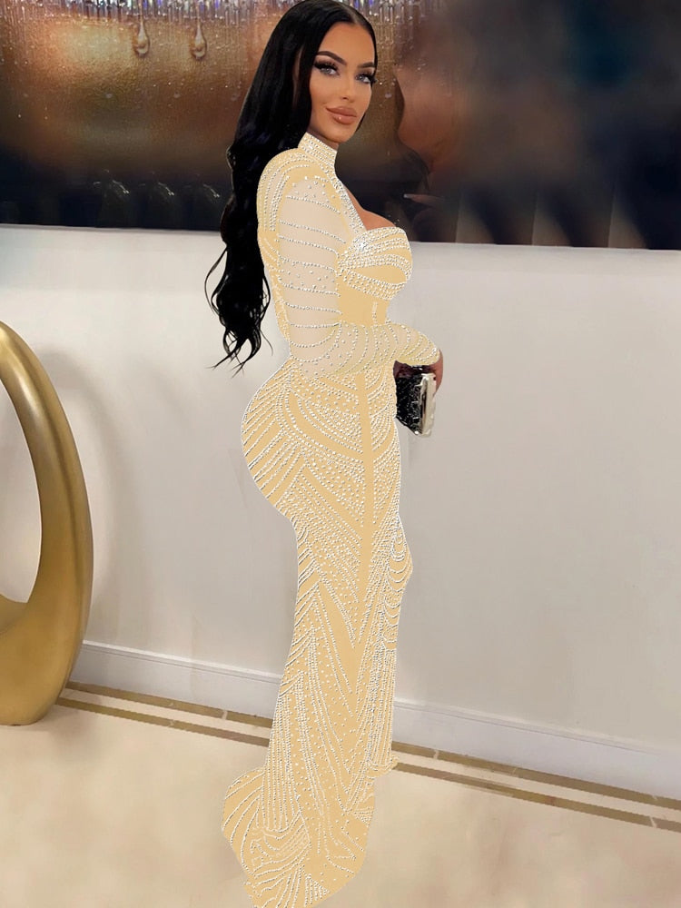 Abito lungo trasparente con strass in maglia di cristallo con strass sexy. Abito lungo da indossare in discoteca con maniche lunghe da donna - Bridetobe.it