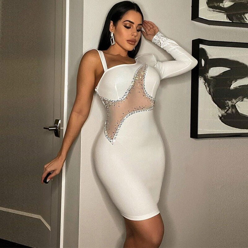 Mini abiti scintillanti con strass a spalla singola glam abito da sera in cristallo patchwork da donna in rete Abiti da discoteca - Bridetobe.it