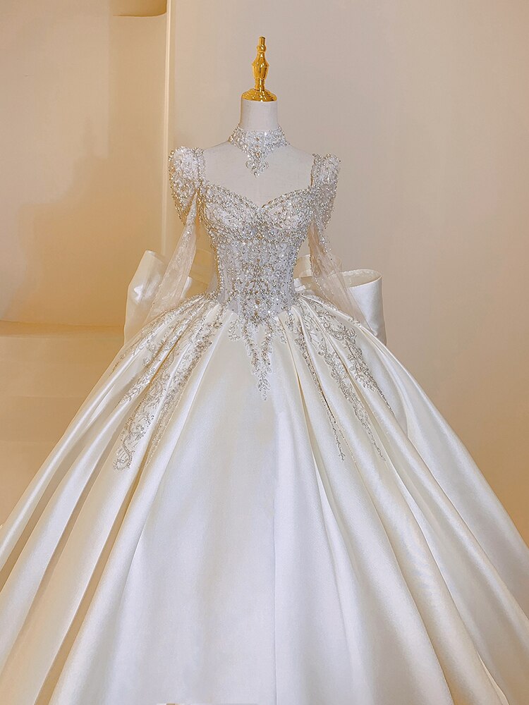 Plus Size Satin Square Collar Lace Detail Wedding Dress - Custom Made Luxury Full Skirt Floor Length or Train Bridal Gown