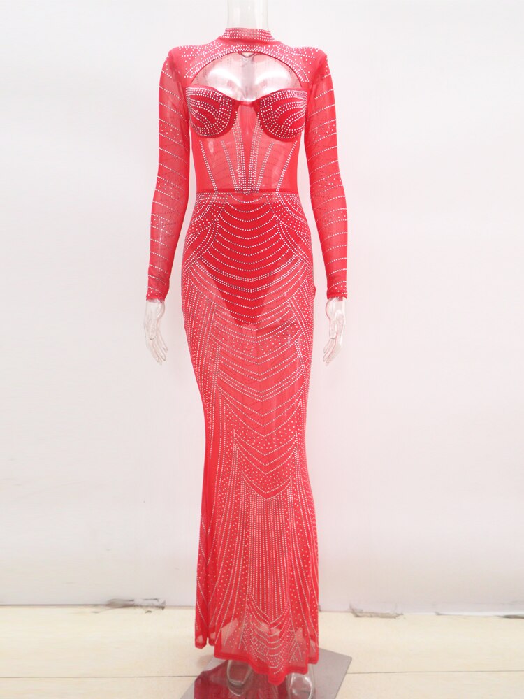Abito lungo trasparente con strass in maglia di cristallo con strass sexy. Abito lungo da indossare in discoteca con maniche lunghe da donna - Bridetobe.it