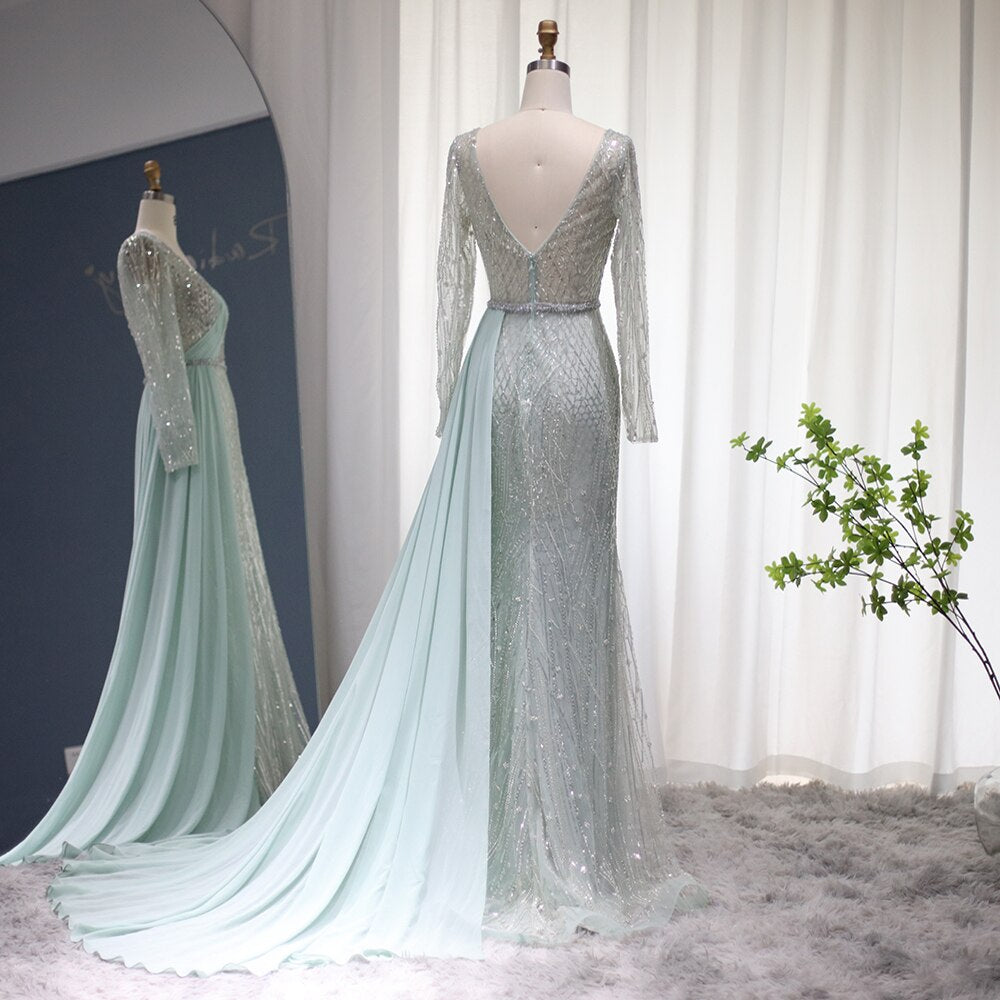 Elegante Abito da Sera Sirena Aqua di lusso con Sovrapposito in Chiffon - Taglie Forti Abbigliamento Formale di Lusso per Feste e Celebrità