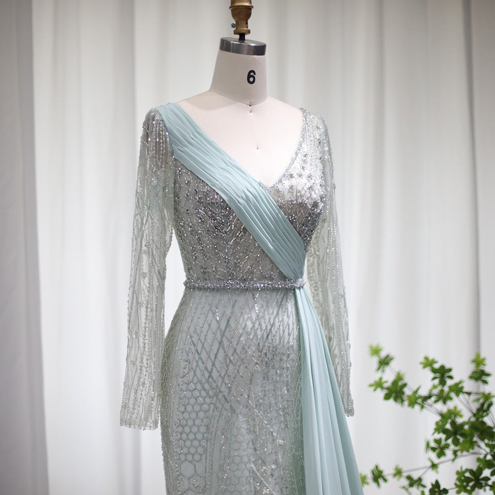 Elegante Abito da Sera Sirena Aqua di lusso con Sovrapposito in Chiffon - Taglie Forti Abbigliamento Formale di Lusso per Feste e Celebrità