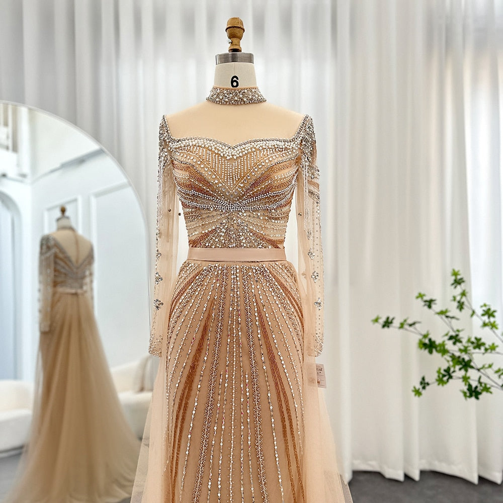 Abito da sera di lusso "Sirena di Champagne Dubai" con gonna sovrapposta removibile - Vestito da matrimonio e da festa formale per donne arabe.