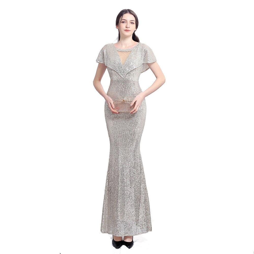 Elegante abito lungo da damigella d'onore con paillettes dorate con scollo a V e maxi abito da sera da donna - Bridetobe.it