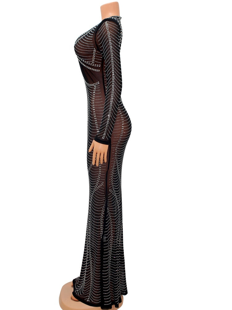 Abiti aderenti trasparenti in maglia di cristallo nero sexy per abiti da donna con scollo a V a maniche lunghe Abiti da discoteca Abiti per occasioni speciali - Bridetobe.it