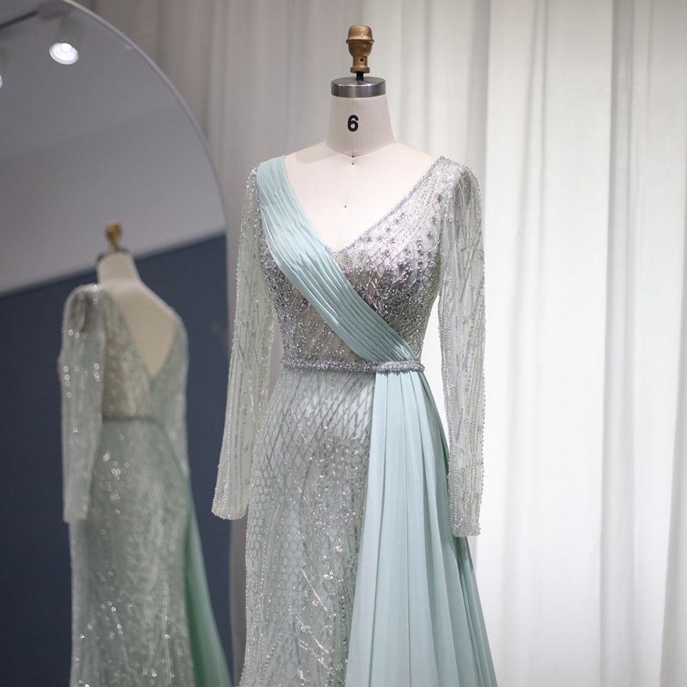 Elegante Abito da Sera Sirena Aqua di lusso con Sovrapposito in Chiffon - Taglie Forti Abbigliamento Formale di Lusso per Feste e Celebrità