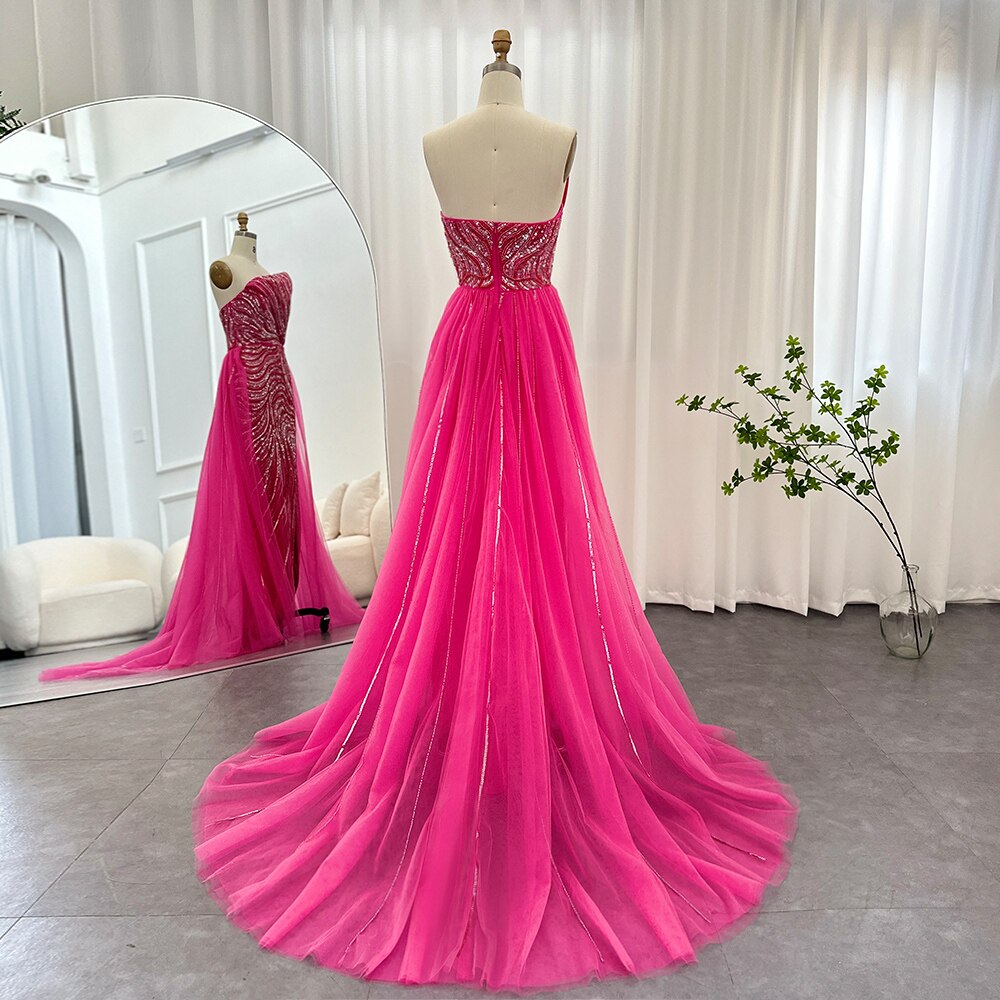 Abito da sera di lusso Dubai Fucsia 2023 con sovrapposta, spacco alto e scollo a cordoncino - Vestito da sposa per donne arabe per party