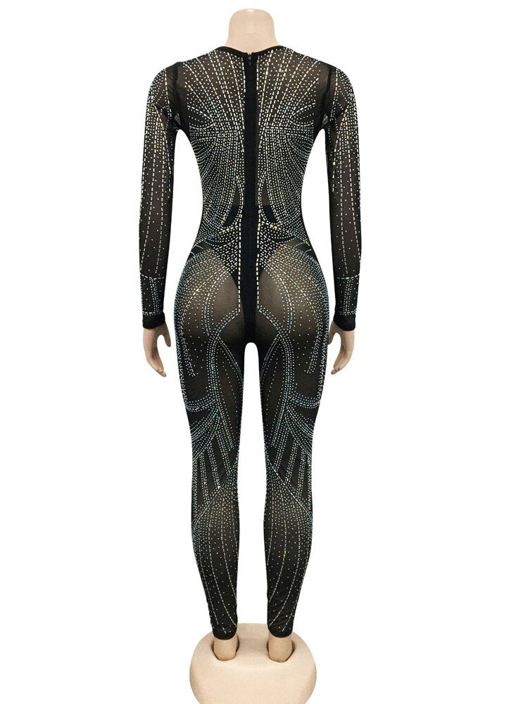 Tute trasparenti con scollo a V in strass argento scintillante Abiti da discoteca con pagliaccetto in cristallo a maniche lunghe con glitter - Bridetobe.it