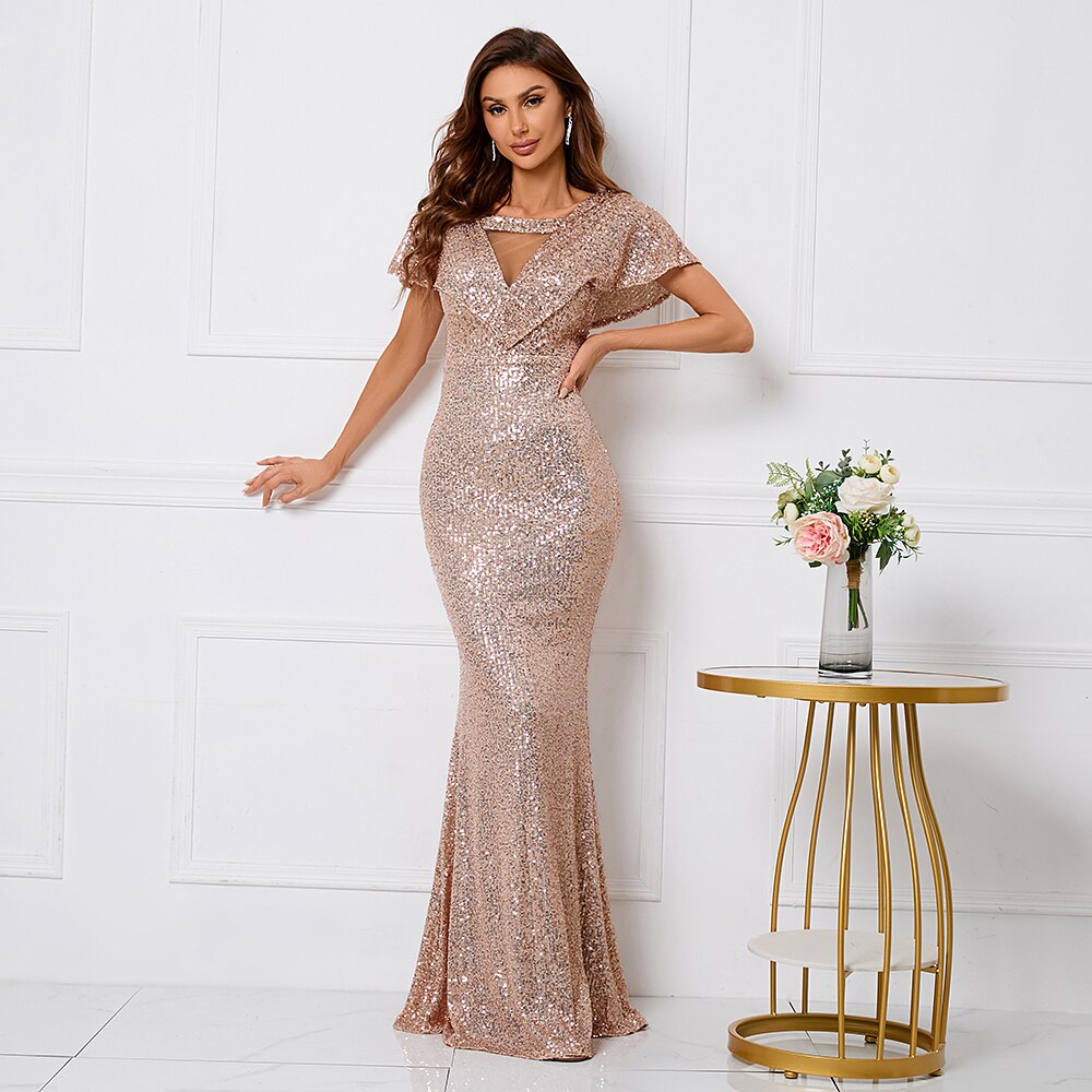 Elegante abito lungo da damigella d'onore con paillettes dorate con scollo a V e maxi abito da sera da donna - Bridetobe.it