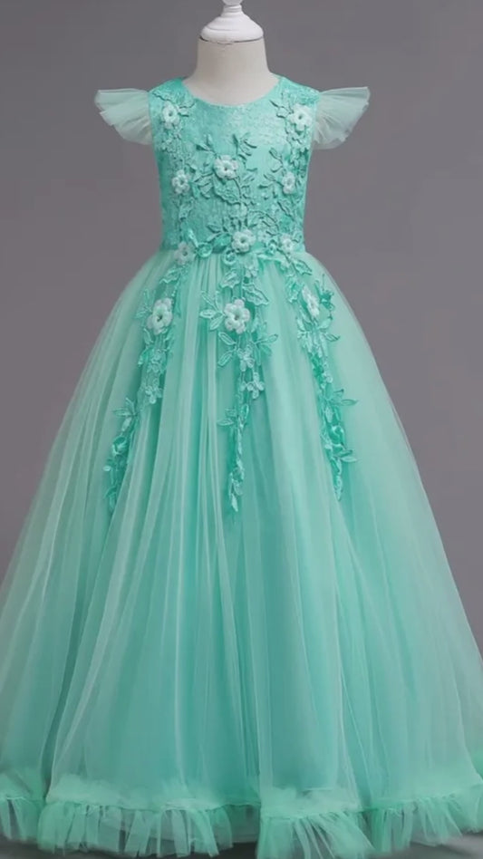 Vestito da Principessa Per Bambini Lungo in Tulle e Pizzo per Matrimoni, Feste e Cerimonie - Età 4-15 Anni