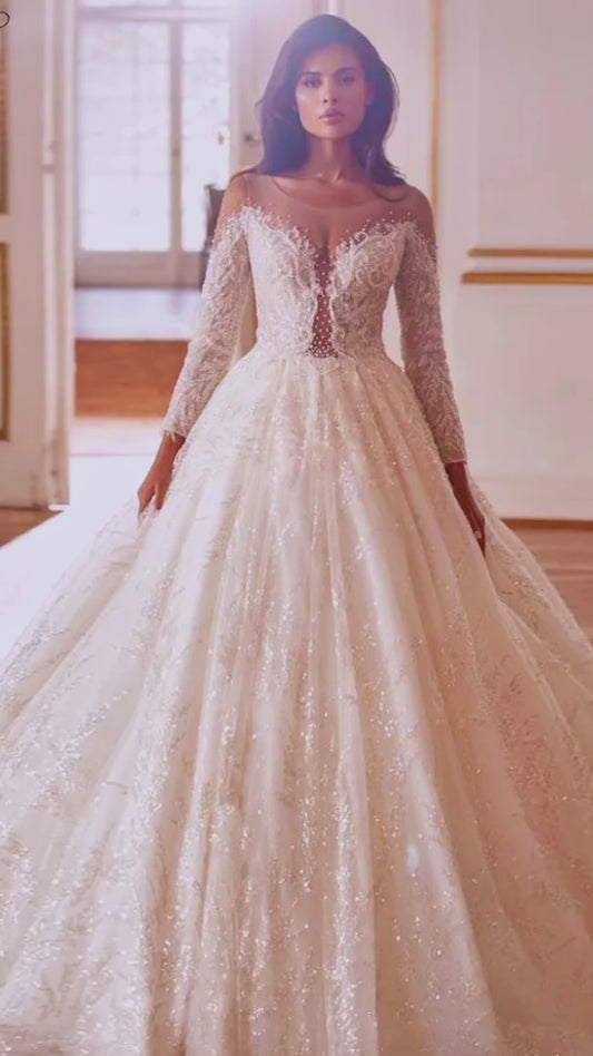 Esclusivo Abito da Sposa da Principessa 2024 Gonna da Ballo di Lusso con Maniche Lunghe e Ricami in Pizzo