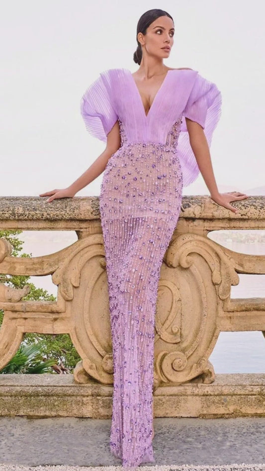 Elegante Abito da Sera Lilac di Lusso a Dubai per Donne - Abito da Sposa e Festa 2023, Gonna Lunga Araba con Spalle Scoperte, Perfetto per Serate Formali e Eventi di Gala