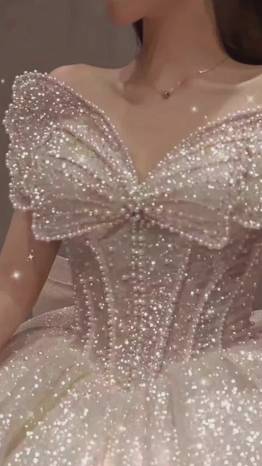 Abito da sposa Vestidos De Novia con perle a farfalla, scollo a cuore, schiena con lacci, super luminoso, con gonna svasata a cappella di 150 cm