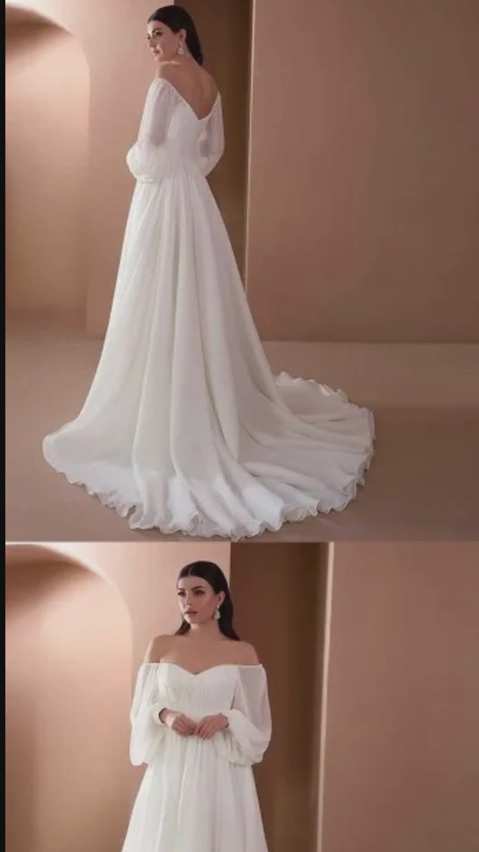 Abiti da sposa economici a maniche lunghe con spalle scoperte, lunghezza del pavimento bianco, abiti da cerimonia per matrimoni sexy femminili