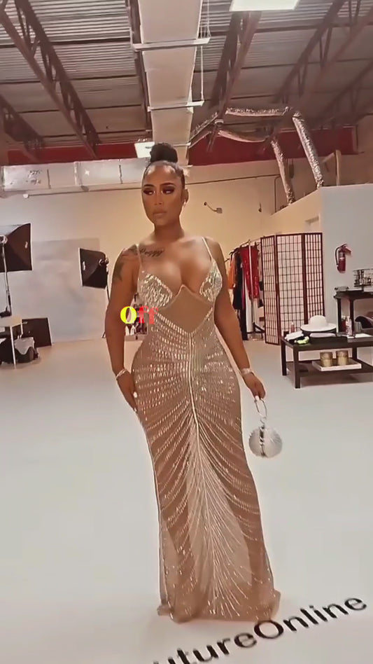 Splendido abito a sirena con ferretto in maglia nera con strass, abito estivo da donna, abito da sera in cristallo trasparente, abiti da discoteca per celebrità