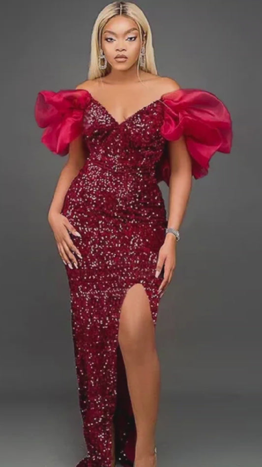 Abito da damigella d'onore da donna sexy con paillettes e spalle scoperte, maniche lunghe, abiti in velluto, grandi dimensioni, maxi abito da sera formale da sera