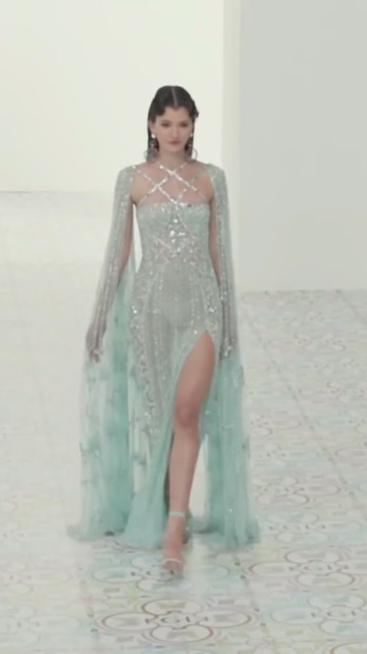 Abito da Sera di lusso Aqua Lilac con Maniche a Mantella Incrociate Stile Sirena Araba a Coda di Rondine per Matrimoni e Feste di Nozze delle Donne a Dubai