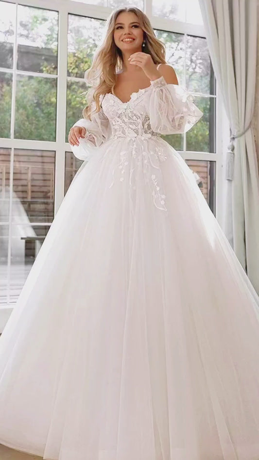 Incantato Abito da Sposa Glitter per Matrimonio in Spiaggia | Applicazioni, Maniche a Palloncino, Pizzo, Fiori 3D Spalle Scoperte in Tulle Stile Bridal Boho 2023