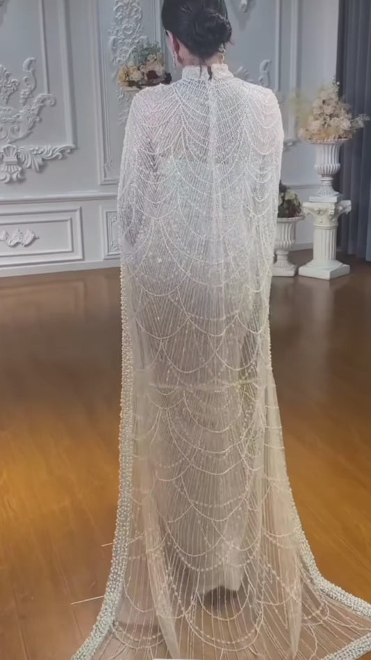 Splendidi Abiti da Sera in Champagne con Perle di Lusso Dubai e Mantello - Nuova Collezione 2023 per Matrimoni Arabi e Feste di Gala delle Donne