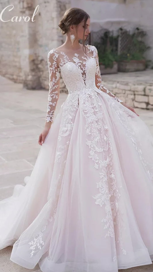 Abito da sposa principessa a maniche lunghe 2022 Abiti da sposa in tulle Cappella strascico Appliques Abiti da sposa Vestido De Noiva